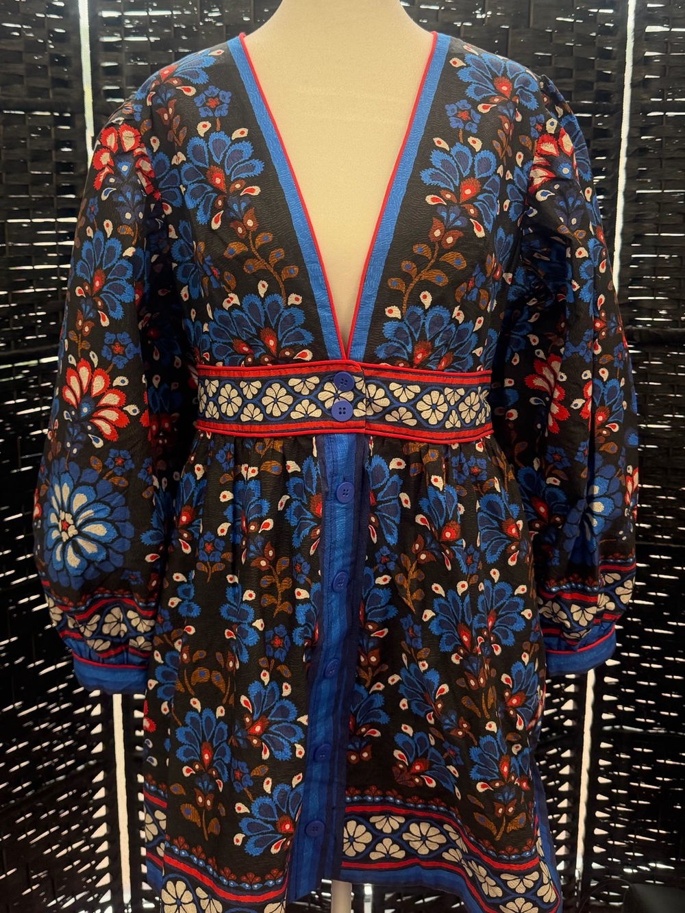 Farm Rio Floral Button-Front Tunic Dress in Black & Blue